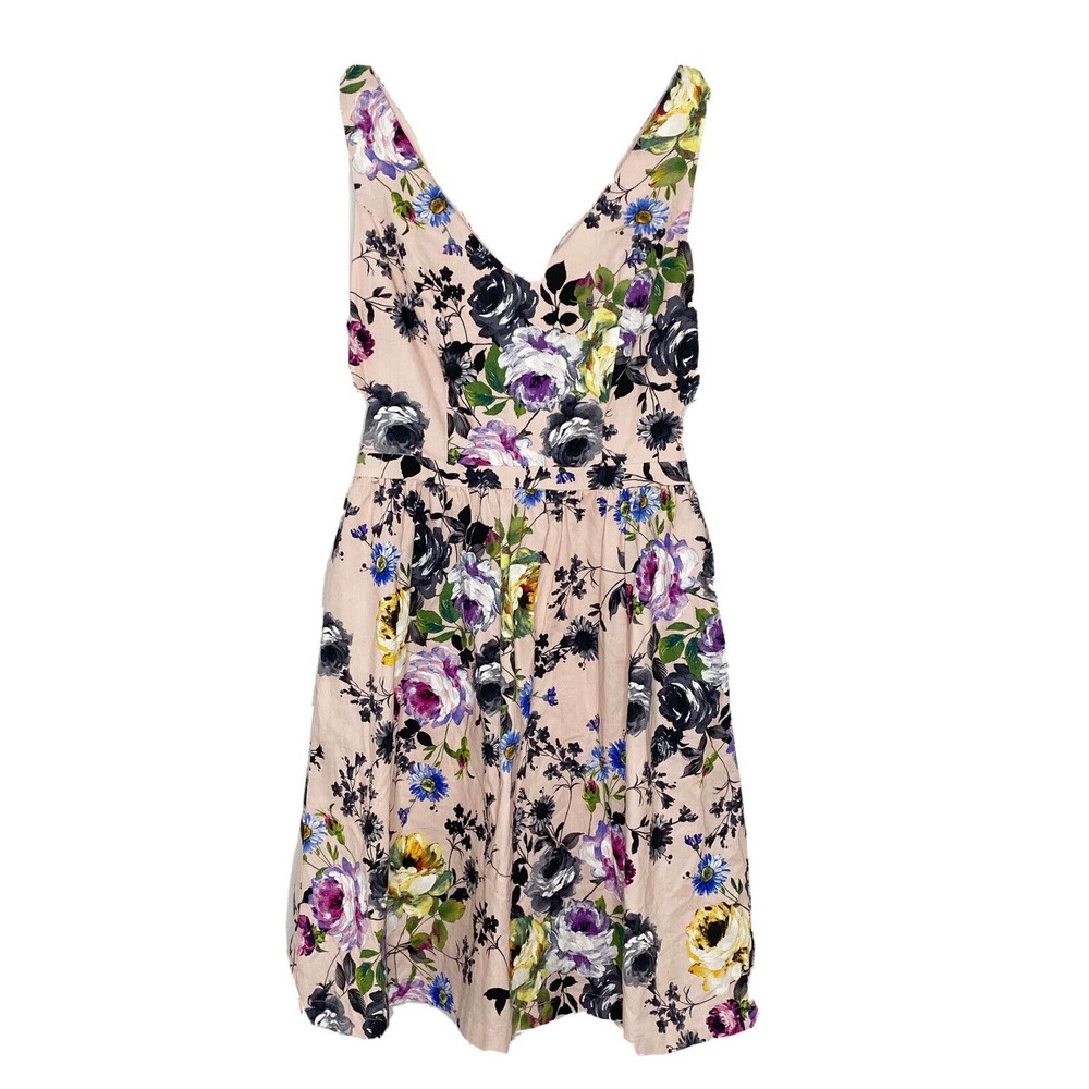 Modcloth Women's Pink Floral Sleeveless V-Neck Cut Out Dress W/ Pockets Sz M